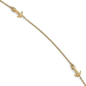 14k Yellow Gold and Cubic Zirconia Anchor Station Anklet, 9-10 Inch